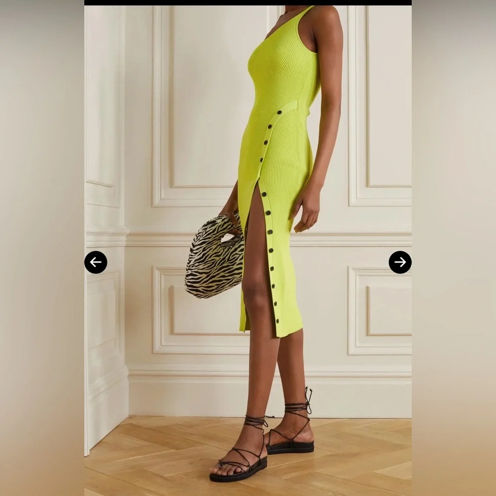 Self Portrait One - Shoulder Ribbed Knit Midi Dress Lime US 4 - Picture 2 of 6